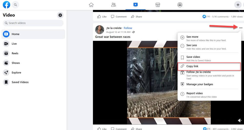 העתקת קישור הורדת סרטון מפייסבוק העתקת קישור הורדת סרטון מפייסבוק